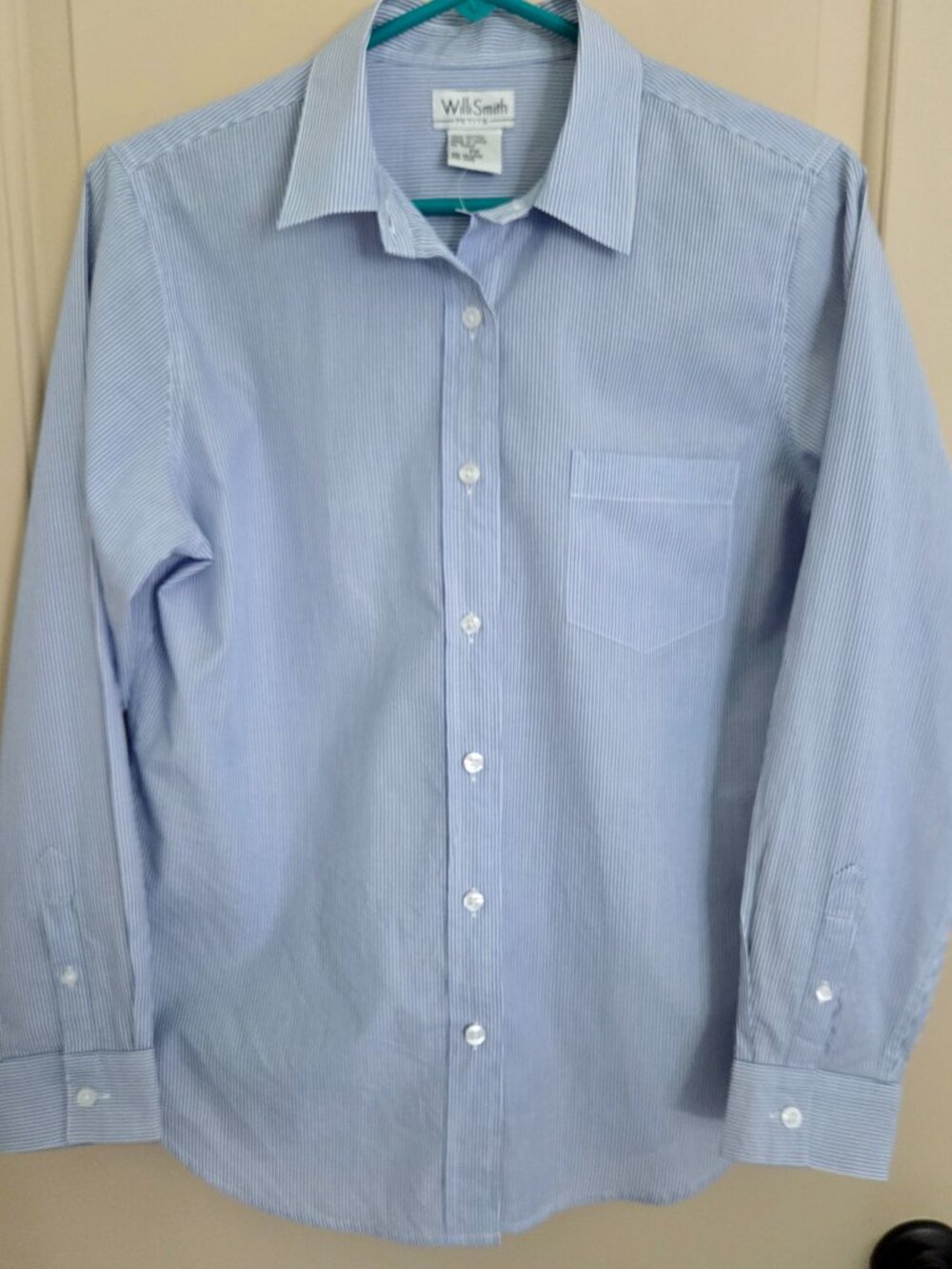 Willi Smith Button Down Shirt Blue-White Striped 100% Cotton Sz Petite-Med